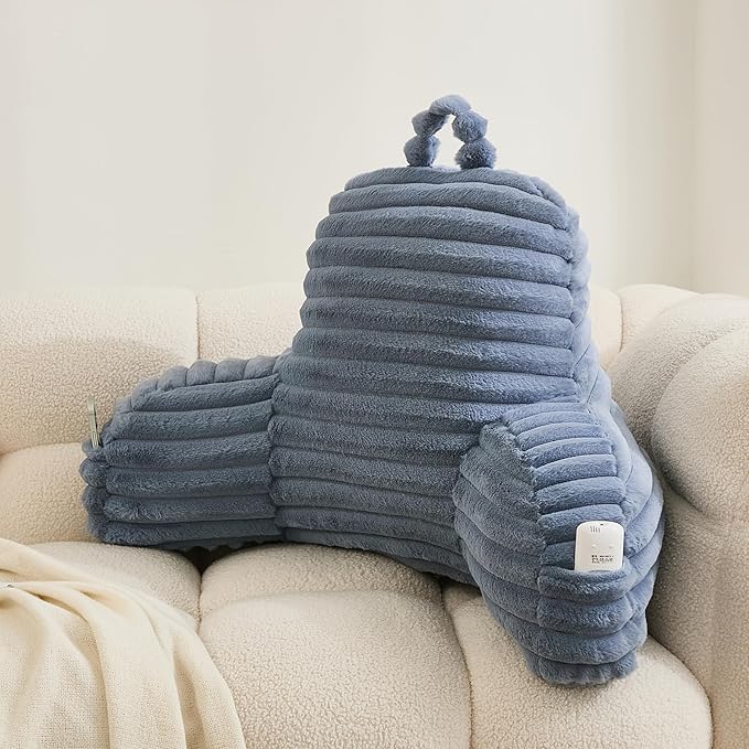 WERDIM Reading Pillow for Sitting in Bed, Faux Fur Back Pillow for Rest, Bed Chair Pillow with Arms and Pockets(XLarge, Dusty Blue)