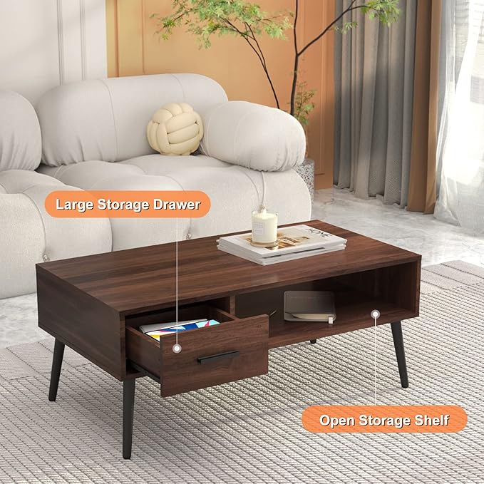 HAIOOU Coffee Table, Mid Century Modern Center Table for Living Room with Storage, Walnut Tea Table with Drawer, Open Storage Shelf, Floor-Anti-Scratching Pine Leg for Home, Office(Dark Brown) | Center Table, Living Room, Storage, Tea Table, Drawer, Op...