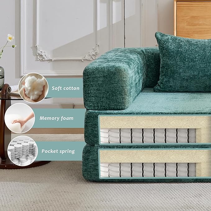 79" Convertible Sofa Bed with Pillows, Corduroy Folding Sleeper Sofa with Fixed-Shape Frame, Boneless Couch for Living Room Bedroom, Floor Sofa Lounge No Assembly Required (Modular Sofa - Green)