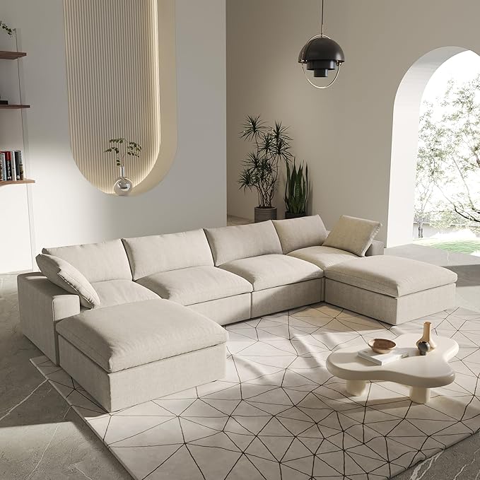 U-Shaped Cloud Sectional Couch, Oversize Modular Sofa, Modern Comfy Cloud Sofa with Storage Ottomans, Covers Removable, Convertible Sleeper Couch for Living Room Apartment (Khaki, Linen Fabric)