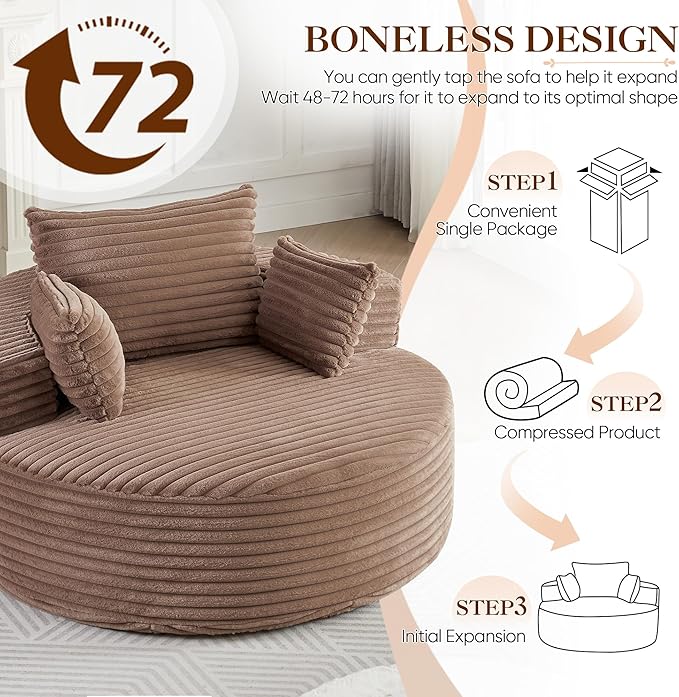 Oversized Round Chaise Longue Chair Indoor, Modern 55-inch Upholstered Corduroy Deep Seat Circle Single Cloud Lounge Floor Sofa Chair for Living Room, Bedroom Apartment, Brown