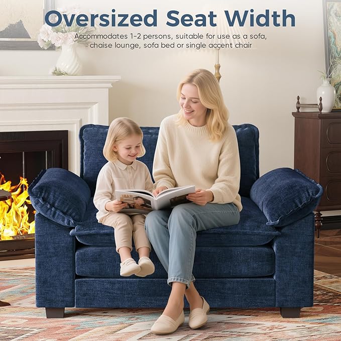 HUSFU 49.5'' W Oversized Accent Chair, Chenille Cloud Sofa Chair with Deep Seat and Extra Wide Armrests, Comfy Reading Armchair for Bedroom, Living Room, Set of 2, Blue