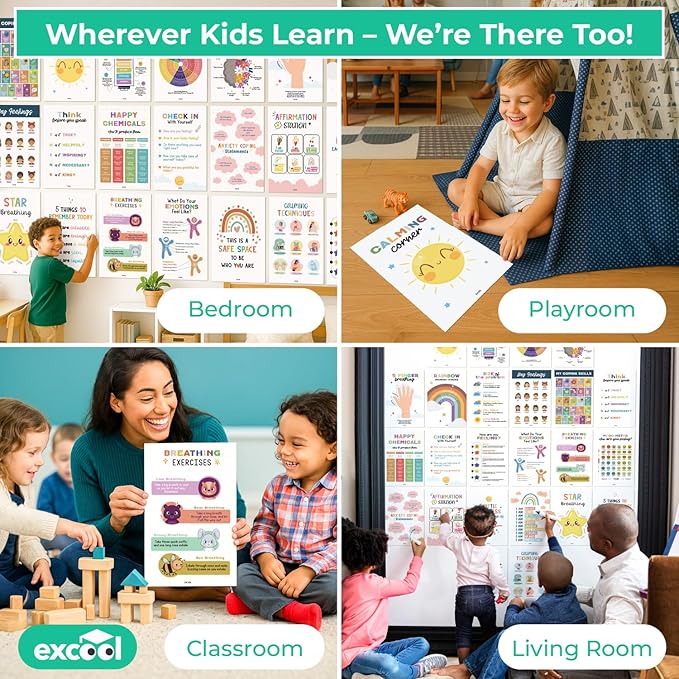 EXCOOL CLUB 24 Calming Corner Posters For Classroom Decor - Feelings Chart For Kids Ages 4-8, Feelings Poster Calm Down Corner Supplies, Elementary Classroom Must Haves For Teacher (11x17)