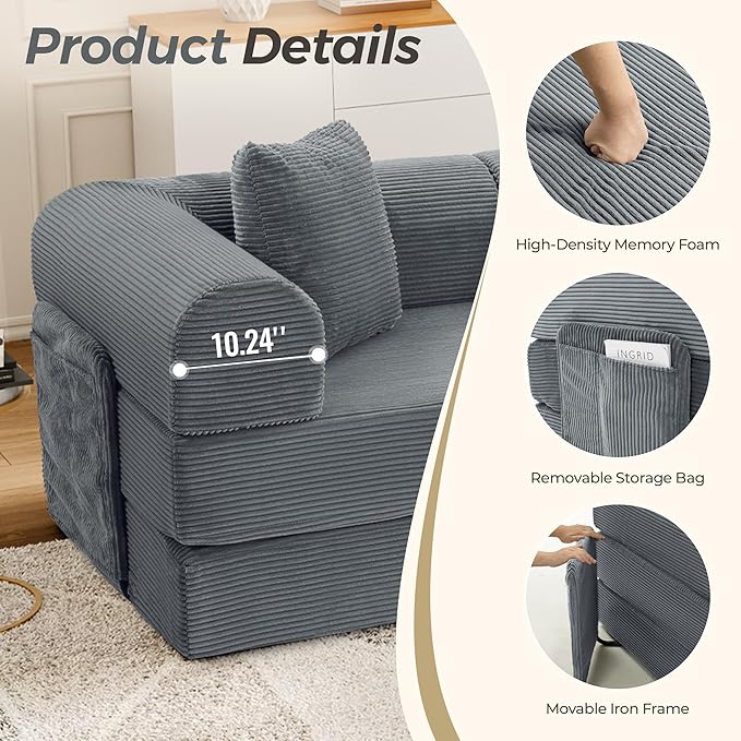 106.3" Oversized Convertible Sleeper Sofa Bed, L Shape Modular Sectional Cloud Sofa with Fixed-Shape Frame, Boneless Couch with Storage Pocket for Living Room, No Assembly Required, Dark Gray