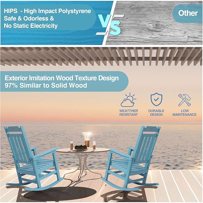 hOmeQomi Rocking Chair, All Weather Resistant Poly Lumber Outdoor Porch Rocker, Rocking Chairs for Outdoor, Indoor, Patio, Deck, Garden, Backyard, Load Bearing 380 lbs - Lake Blue
