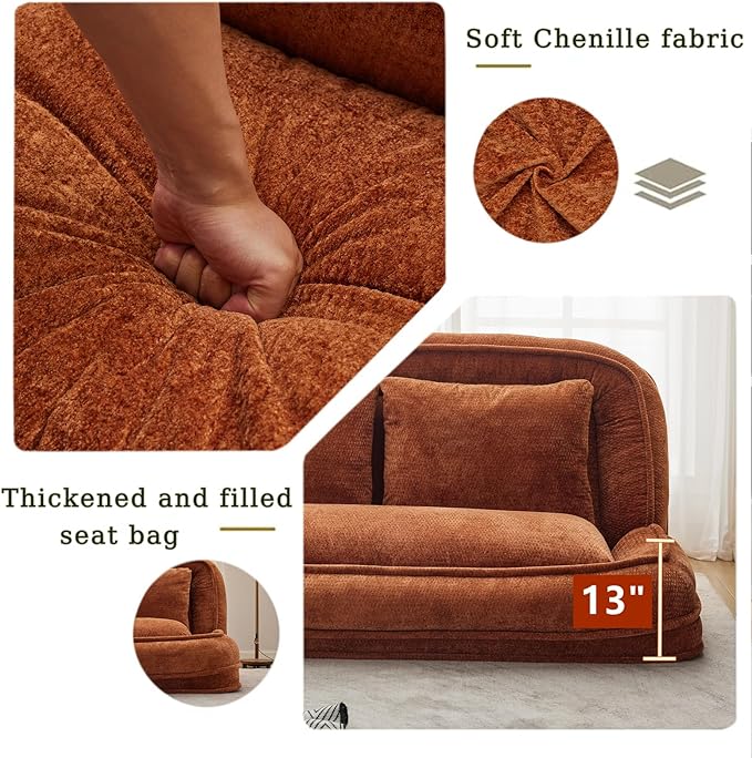 Foldable Lazy Sofa Bed, Chenille Upholstered Human Dog Bed for Adults, 2 in 1 Convertible Floor Sofa with 5 Adjustable Backrest Positions and Soft Cushions for Living Room (Orange)