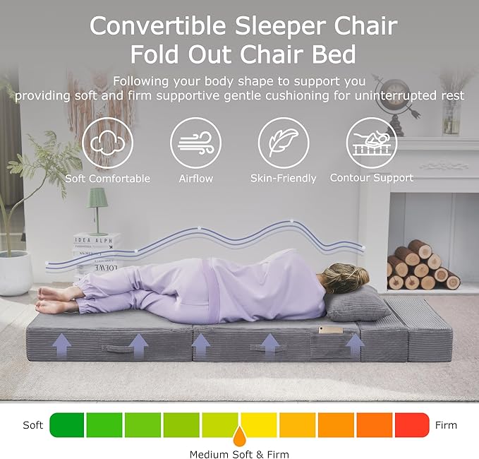 HILERO Folding Sofa Bed, 4 in 1 Convertible Sleeper Chair with Pillow, Single Memory Foam Fold Out Chair Bed, Modern Floor Futon Sofa Couch Mattress for Living Room/Guest/Apartment, Light Gray