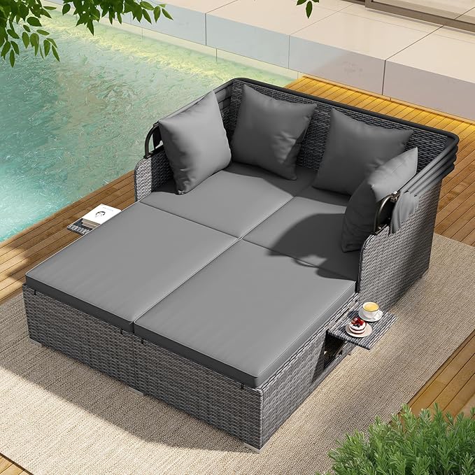 Tangkula Patio Rattan Daybed with Retractable Canopy, Outdoor Wicker Sunbed Lounger with 2 Foldable Side Tables, Thick Seat & Back Cushions, Outside Double Daybed for Garden, Backyard, Porch, Grey