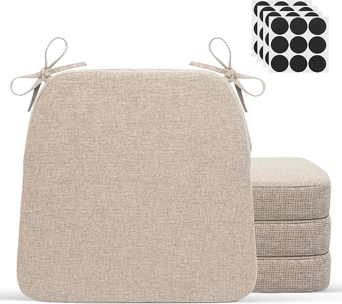 D-Shaped Indoor Chair Cushions 17" x 16" for Kitchen & Dining Chairs – 2'' Thick Seat Pads with Ties & Non-Slip Backing, High-Density Foam, Machine-Washable Covers, Set of 4 with Chair Leg Pads, Beige