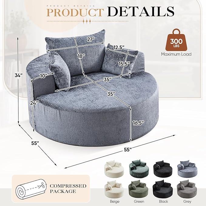 JEEOHEY Modern Round Accent Sofa Chair for Living Room, Upholstered Chenille Barrel Lounge Arm Chair with Large seat&Throw Pillows for Bedroom, Office, Apartment, Grey