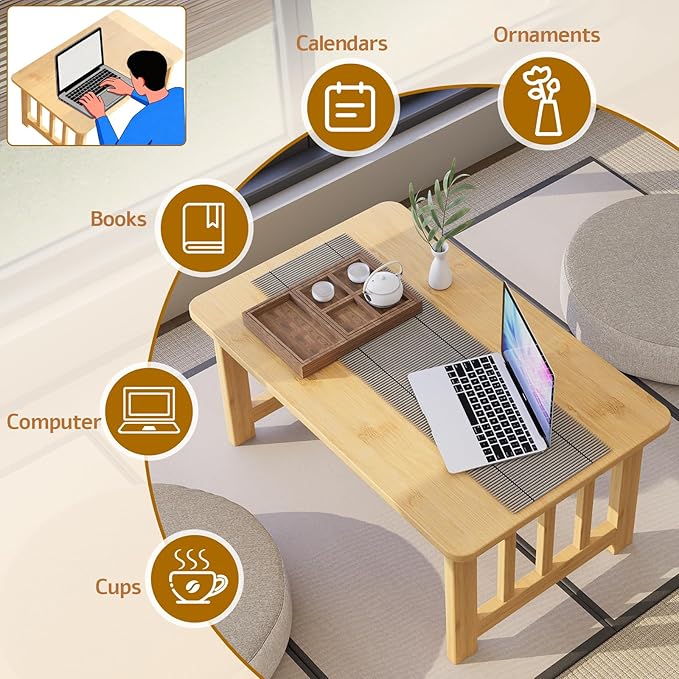 JNNXZZ Japanese Folding Coffee Table,Foldable Low Table for Sitting,Bamboo Collapsible Floor Tea Table,Portable Versatile Meditation Table for Tatami Living Room Home Office Apartment (Wood Color)