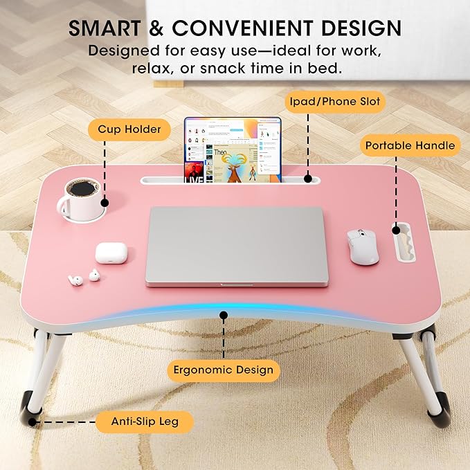 Folding Lap Desk, 23.6 Inch Wood Laptop Bed Desk with Cup Holder, Portable Bed Table for Working Writing Reading & Eating for Bed, Sofa, Couch, Floor - Pink