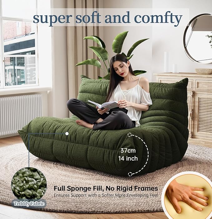 Selyteramy Bean Bag Chairs for Adults, Giant Bean Bag Chair Sofa with Memory Foam, Comfy Beanbag Loveseat Lazy Sofa for Living Room, Bedroom, Apartment, Green