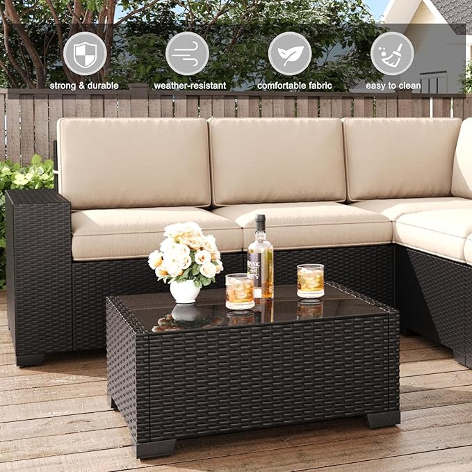 LayinSun 7 Pieces Patio Furniture Set with Fire Pit Table, Black Rattan Modular Sectional Patio Conversation Sofa Set