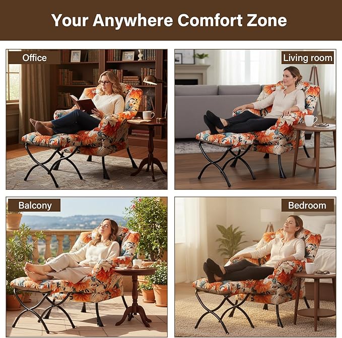 Welnow Lazy Chair with Ottoman, Modern Lounge Accent Chair with Armrests and a Side Pocket, Leisure Sofa Armchair Set, Reading Armchair with Footrest for Small Space, Orange Blue