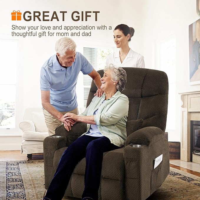 CDCASA Oversized Dual Motor Lay Flat Power Lift Recliner Chair with Massage, Heating, Textile Infinite Position Large Recliner Chairs for Big & Elderly People, USB & Type-C Ports, Brown