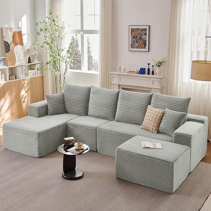 Lakifun 135" L-Shape Sofa with Ottoman, Modern Modular Sectional Comfy U-Shape Cloud Couch, Deep Seat, Upholstered Corduroy Sleeper Chaise Longue for Living Room Bedroom, No Assembly Required, Grey