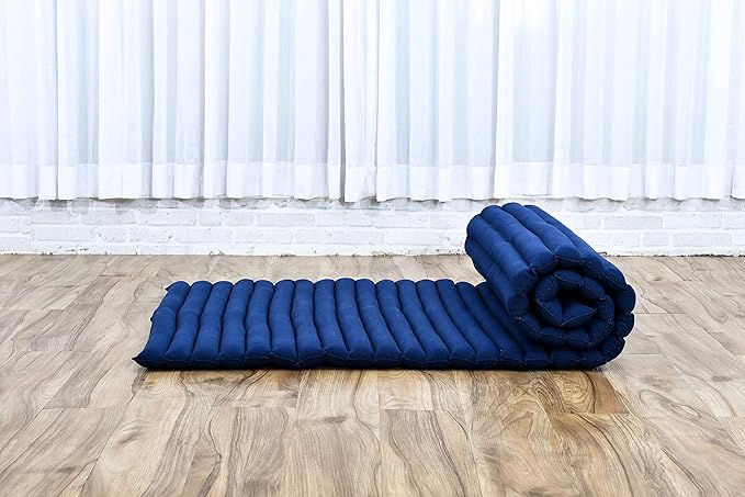 Leewadee - Foldable Floor Mattress - Japanese Roll Up Futon -Trifold Tatami Mat- Guest Floor Bed - Camping Mattress - Thai Massage Mat, Kapok Filled, 75 x 28 inches, Blue