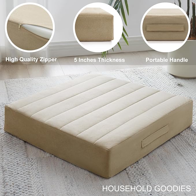 JKMAX 2 Pcs High Density Foam Floor Pillow - Upgraded Large Pillows Seating for Adults - Outdoor Floor Cushion with Soft Tufted Cover - Yoga Pillows for Sitting On Floor - 22 Inch Khaki