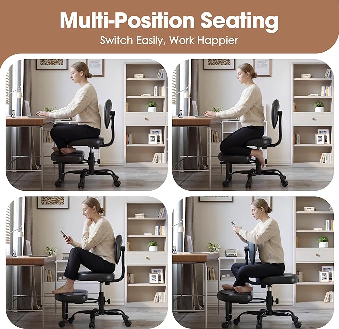 Anunweldo Cross Legged Office Chair, 360° Swivel ADHD Chairs for Adults, Height Adjustable Ergonomic Cross Legged Office Chair with Wheels, Wide Cross Legged Chair for Meditation, Yoga (Black)