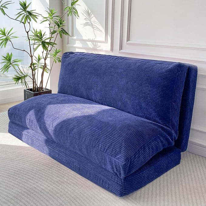 MAXYOYO Folding Sofa Bed, Extra Thick and Long Floor Sofa Convertible Sleeper Chair with Washable Cover, Floor Couch Lounge Bean Bag Bed for Living Room, Navy, 54x95 Inch