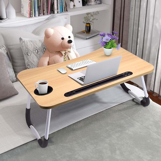 Slendor Lap Desk with Cup Holder, Foldable Laptop Table for Bed, Portable Bed Desk for Laptop and Writing, Computer Tray with Tablet Slot, Notebook Stand Reading Holder for Couch Sofa Floor,Walnut