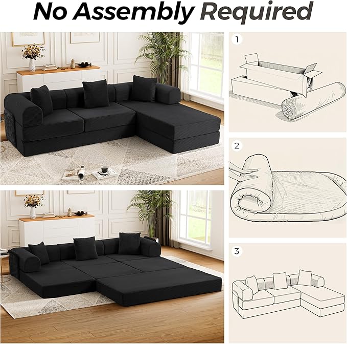 106.3" Oversized Convertible Sleeper Sofa Bed, L Shape Modular Sectional Cloud Sofa with Fixed-Shape Frame, Boneless Couch with Storage Pocket for Living Room, No Assembly Required, Black