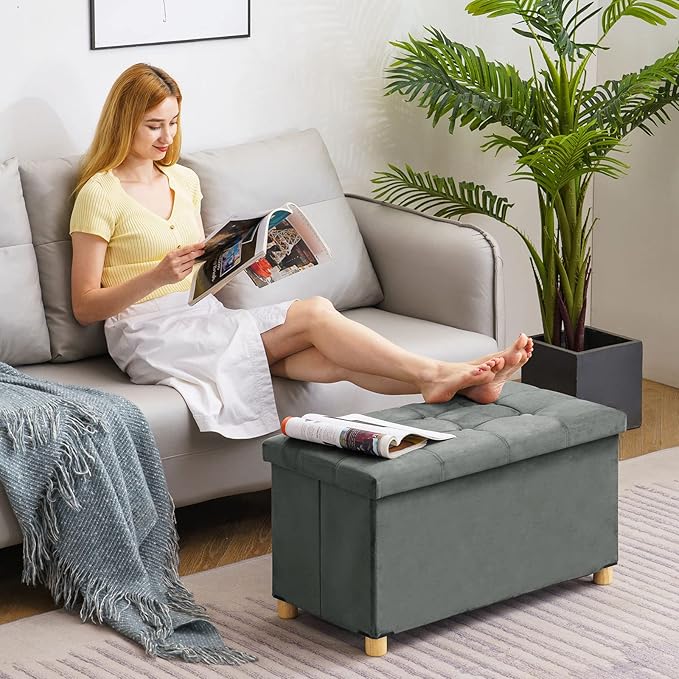 30 Inches Folding Storage Ottoman Bench, Velvet Storage Chest, Footrest Couch with Wooden Legs, Support 350lbs for Bedroom, Living Room, Hallway, Grey