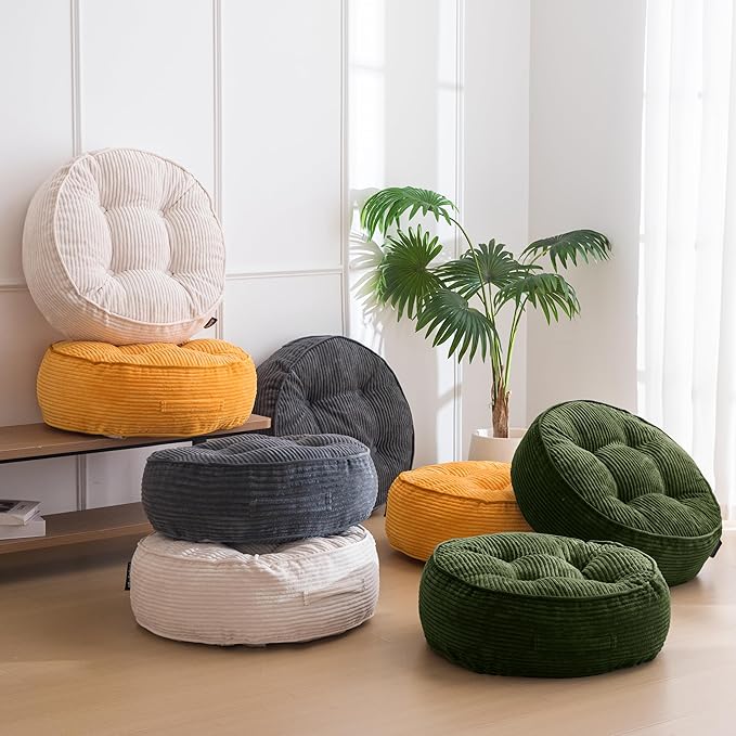 8" Washable Floor Pillow Cushion for Adults, Meditation Cushion Pillow, Large Round Floor Sitting, Removable Tufted Corduroy Cover, for Tatami Living Room or Yoga, 22x22 Inch, Machine Washable