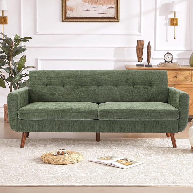 Tbfit 77.2" W Linen Sofa Couch, Mid Century Modern Decor Loveseat Couches for Living Room, Button Tufted Upholstered Small Couch for Bedroom, Solid, and Easy to Install Love Seats Furniture, Green | linen fabric, button tufted, solid wood foot, pocket ...