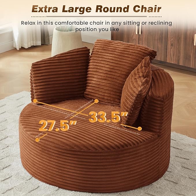 48"W Oversized Round Chaise Longue Chair Indoor,Corduroy Fluffy Comfy Cloud Chair,Circle Bean Bag Sofa with Foam Filling & Pillows,Boneless Reading Cozy Sofa Chairs for Living Room,Bedroom,Orange