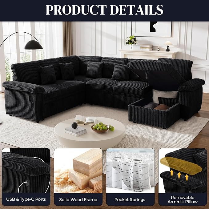 Modular Sectional Sleeper Sofa with Pull Out Bed, Storage Chaise & USB Charging, U Shaped Plush Corduroy Black Sectional Couches for Living Room, Comfy Convertible 7 Seat Cloud Sofa Bed, Black