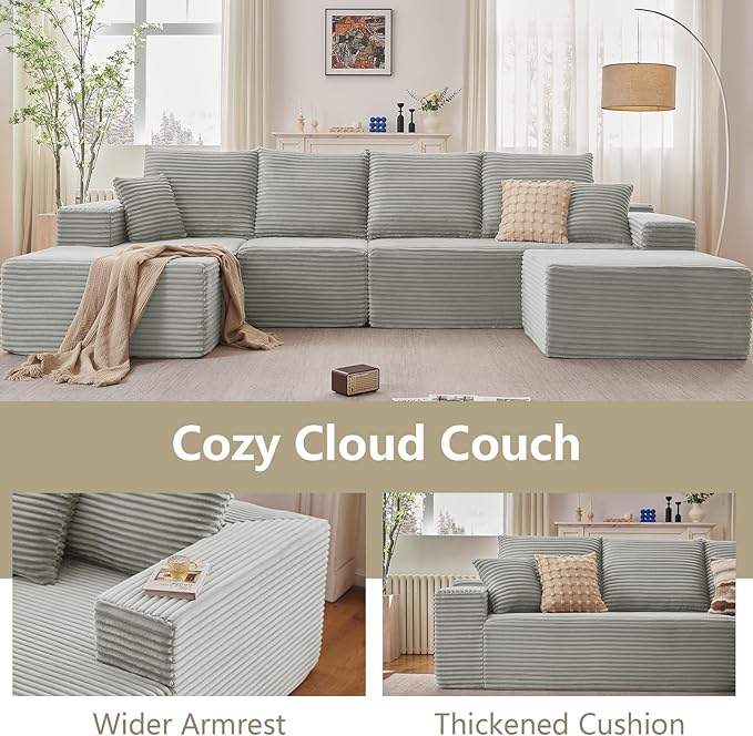 Lakifun 135" L-Shape Sofa with Ottoman, Modern Modular Sectional Comfy U-Shape Cloud Couch, Deep Seat, Upholstered Corduroy Sleeper Chaise Longue for Living Room Bedroom, No Assembly Required, Grey