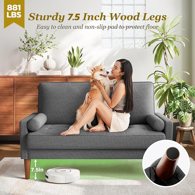 Loveseat Sofa with Solid Wood Legs, 48" Small Couches for Small Spaces, Love Seat for Living Room, Bedroom, Easy Assembly Mid Century Modern Couch with Throw Pillow for Apartment, Grey