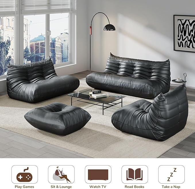 Comfy Lazy Floor Sofa Couch,Soft Armless Chair,Faux Leather Lounge Chair,Corner Relax Sofa Couch for Living Room Bedroom,Salon Office,Adults(Black+1P+ Ottoman)