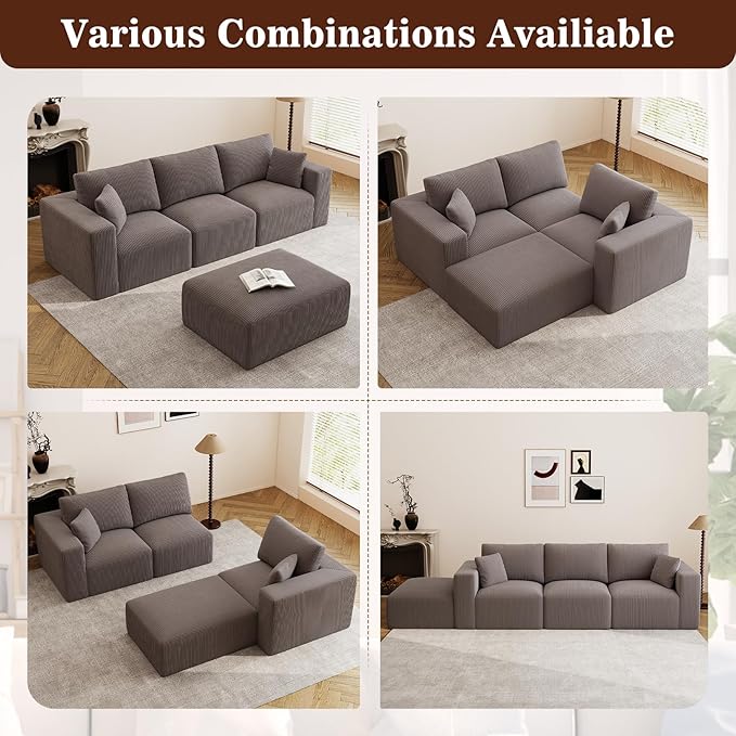 110" Modular Sectional Sofa, L-Shaped Boneless Couch, Memory Foam Cloud 3-Seater Sofa with Ottoman, No Assembly Required Corduroy Frameless Furniture for Living Room Home Decor, Grey