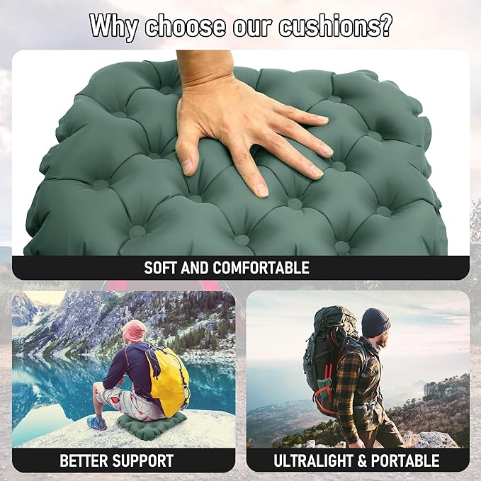 BreezCamp Inflatable Seat Cushion, Lightweight Stadium Seat Pad, Camping Accessories Chair Pad for Airplane Travel, Hiking, Climbing, Home and Office,Olive Green