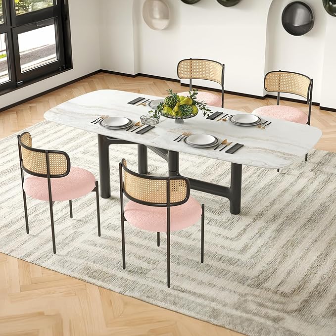Farini Modern Upholstered Dining Chairs Set of 4,Rattan Back Dining Room Chairs,Accent Kitchen Chairs with Metal Legs,Pink