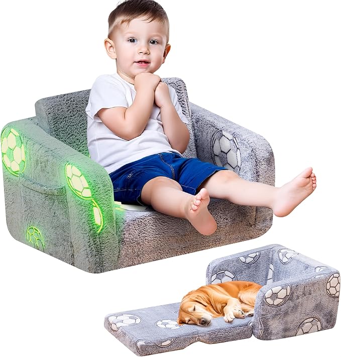Lamerge 2-in-1 Soft Toddler Couch Fold Out,Foldable Toddler Chair, Glow in The Dark Kids Sofa for playroom,Convertible Foam and Floor Cushion for Boys and Girls (Grey and Football)