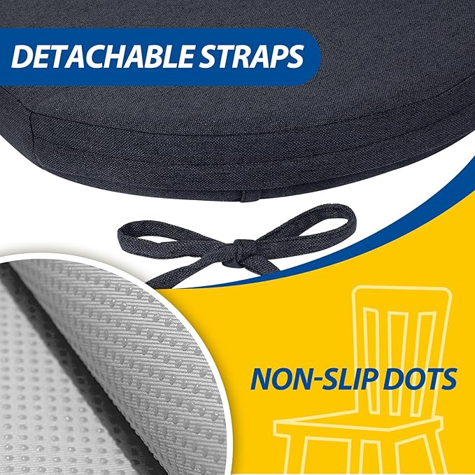 AAAAAcessories D-Shaped Chair Cushions, 2" Thick Dining Chair Pads with Ties and Removable, Machine-Washable Cover, 17" x 16", Set of 6, Charcoal Gray