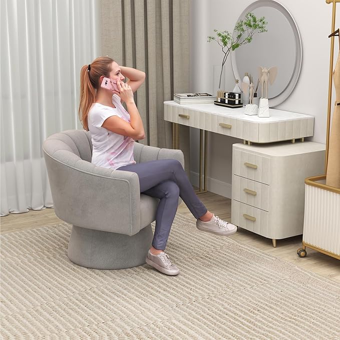 Swivel Accent Chair Set of 2, Upholstered Velvet 360° Swivel Barrel Chair for Living Room Overstuffed Bouncle Reading Chair Round Armchair for Bedroom,Vanity,Office (Grey)