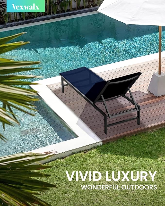 Outdoor Lounge Chairs Set of 2 for Pool, Aluminum Chaise Lounge Chairs with 5-Position Recliner, Patio Lounge Chair for Backyard, Poolside, Deck, Lawn, Navy Blue