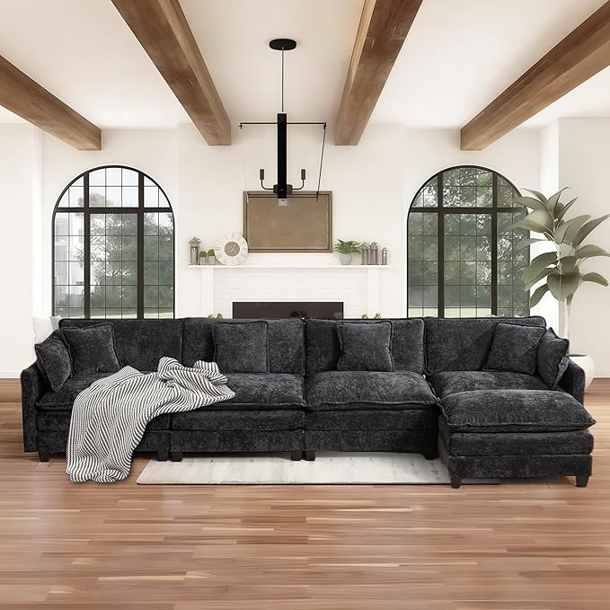SoarFlash 149.61" Chenille Sectional Sofa, Comfy L Shaped Modular Coush Sofa with Ottoman, Modern 4 Seat Couch Deep Seat Sofa Set for Living Room,Black
