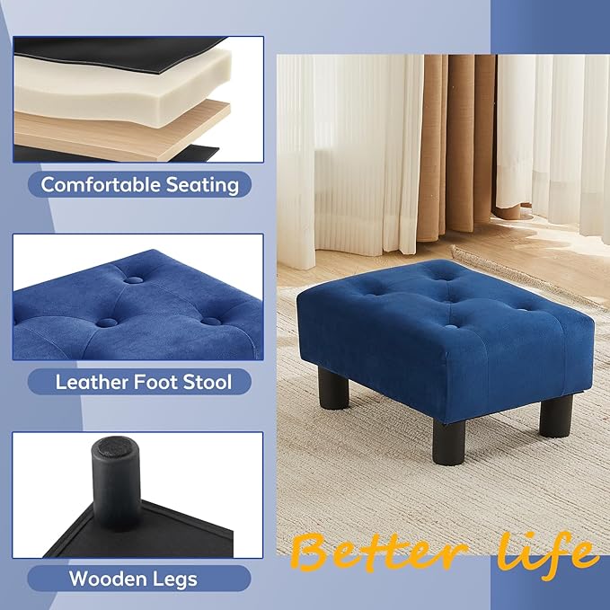 FIMIVIBI Small Foot Stool Ottoman, Velvet Footstool Ottoman Foot Rest for Couch, Rectangle Footstools and Ottomans Small for Living Room, Entryway and Bedroom (Blue)