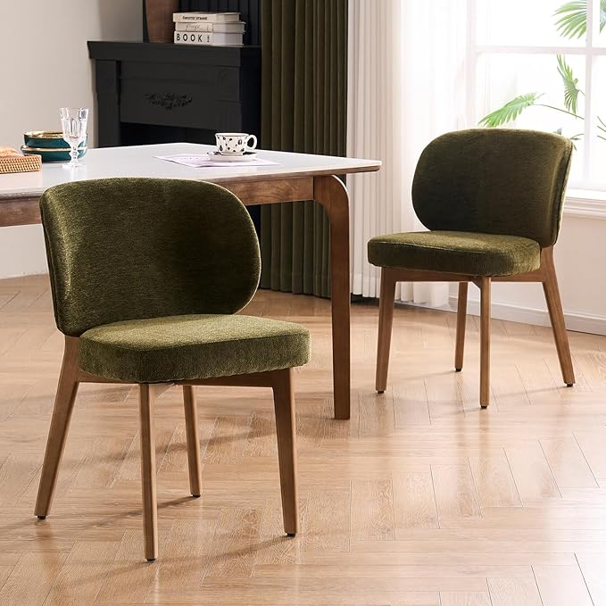 YOUNUOKE Boucle Dining Chairs Set of 6, Mid Century Modern Chenille Dining Room Chair with Soild Wood Legs, Upholstered Widen Backrest Comfy Armless Side Kitchen Chairs, Green