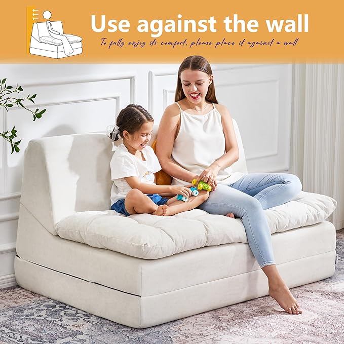 Hobestluk Sofa Couch Folding Sofa Bed Sleeper Comfy Floor Lounger Loveseat Sofa with Removable Cushion Couches Foldable Mattress for Living Room Bedroom or Office (Chenille Beige, Oversize)