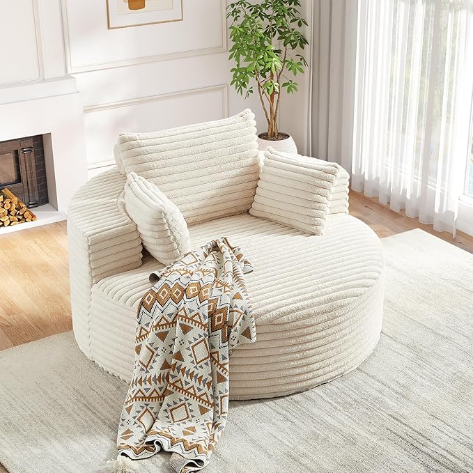 Oversized Round Chaise Longue Chair Indoor, Modern 55-inch Upholstered Corduroy Deep Seat Circle Single Cloud Lounge Floor Sofa Chair for Living Room, Bedroom Apartment, Beige