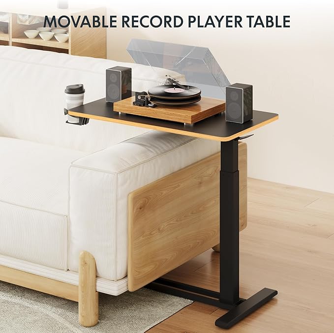 FLEXISPOT H7 Adjustable Overbed Bedside Table with Wheels Pneumatic Mobile Standing Desk Laptop Desk Rolling Computer Cart Movable Overbed Table Hospital Home Use(31.5" W x 17.7" D, Black Maple Large)