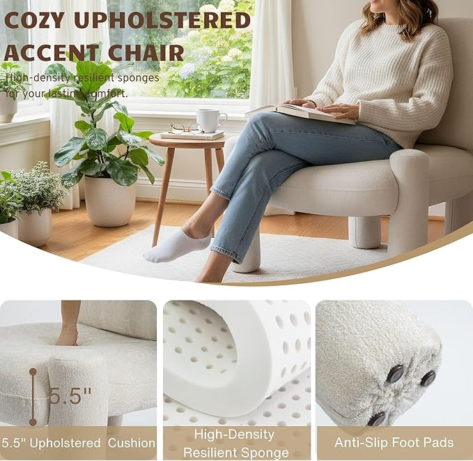 Wahson Modern Beige Accent Chair, Chenille Fabric Upholstered Single Sofa with Padded Back & Solid Wood Legs, Comfy Reading Chair Side Chair for Living Room/Bedroom/Corner, Areless