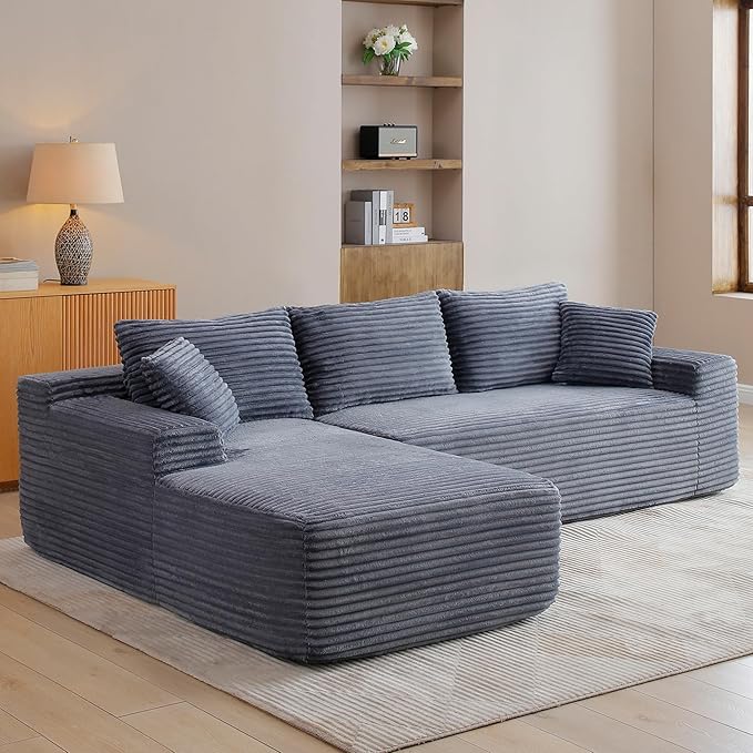 HYJT-H&K Modular Sectional Sofa Cloud Sectional Couch, 95" Comfy Fluffy L Shaped Grey Couches for Living Room, Deep Seat Memory Foam Plush Corduroy Boneless Couch Sectionals Left Facing Chaise Sofa